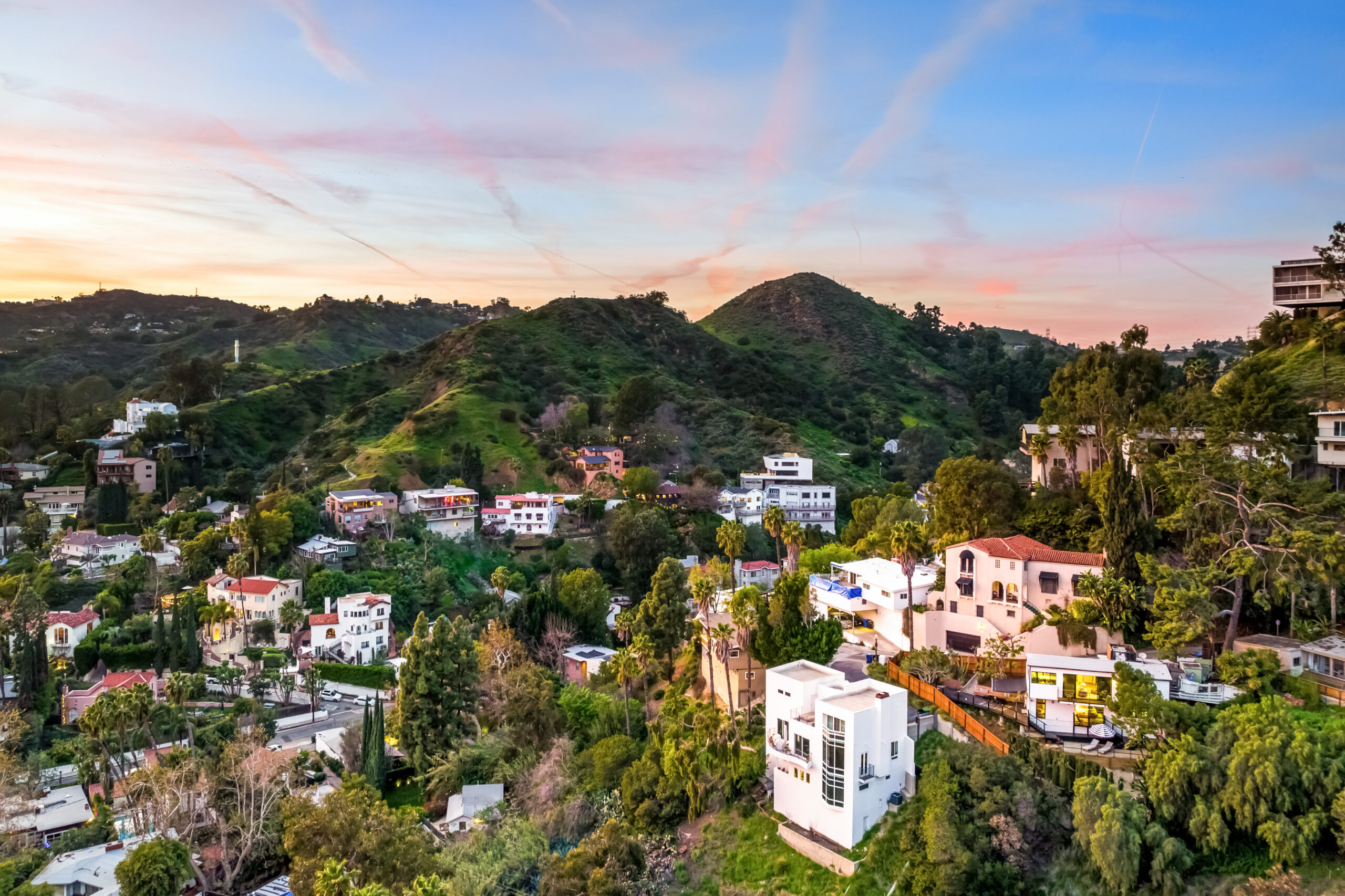 Aerial view of modernized Hollywood Hills residences in Los Angeles, California